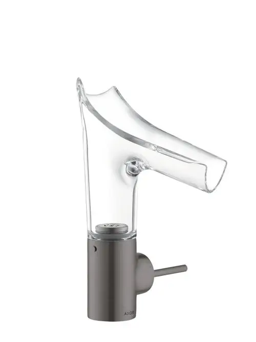 Einhebel-Waschtischmischer mit Glasauslauf, montiert auf einem runden, gebürsteten schwarzen Chromsockel. Das Produkt stammt von AXOR.